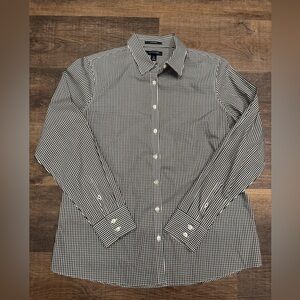 Lands’ End Size 12 Wrinkle Free Gingham Shirt Black White Button Down Top